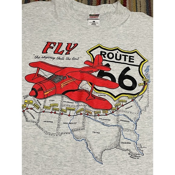 Vintage 90s Route 66 Retro Airplane T-Shirt XL 1992 Map Rt 66 Grey‎ - Picture 2 of 7